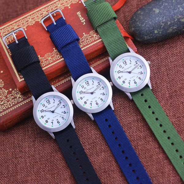 

aook 2023 chao yada children's boys and girls 24-hour canvas luminous pointer quartz watch children's student military waterproof, Slivery;golden