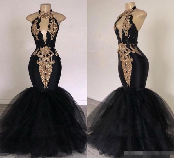 

2019 black prom dresses with gold appliqued mermaid south africa formal evening dress halter neck sweep train occasion party dress5496758