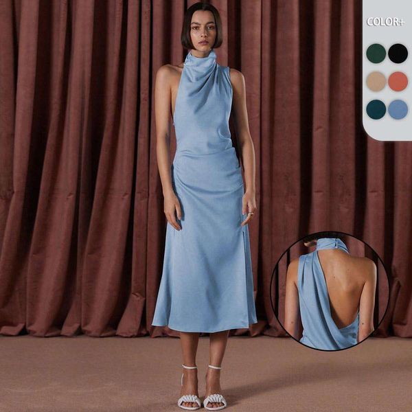 

dress evening womens ladies bridesmaid mid length halter satin, Black;gray