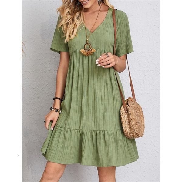 

urban dresses v-neck solid color mini dresses casual short sleeve pleated dress y2k vintage loose fit beach ruffles summer vestidos 230717, White;black