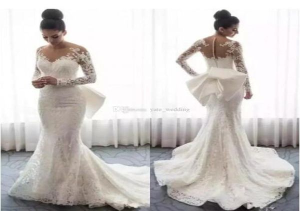 

2019 lace mermaid wedding dresses sheer neck long sleeves appliques bow saudi arabic bridal gowns with detachable train buttons br8748001, White