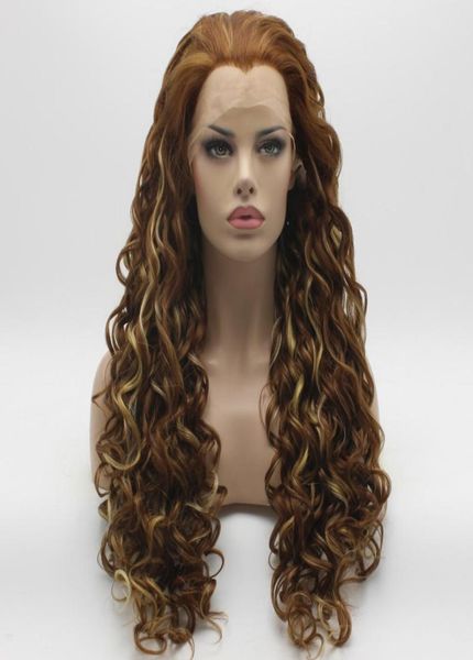 

iwona hair curly long three tone auburn blonde mix wig 1830y27hy613 half hand tied heat resistant synthetic lace front daily na7433838, Black