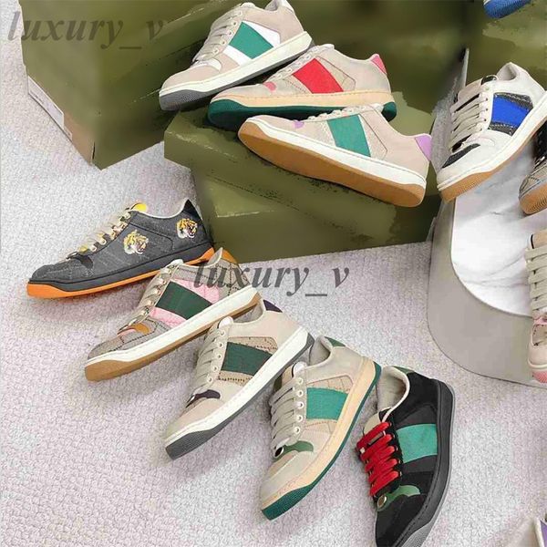 

designer screener casual shoes mens women genuine leather distressed sneakers stripe dirty rubber canvas shoe splicing retro do-old trainers, Black