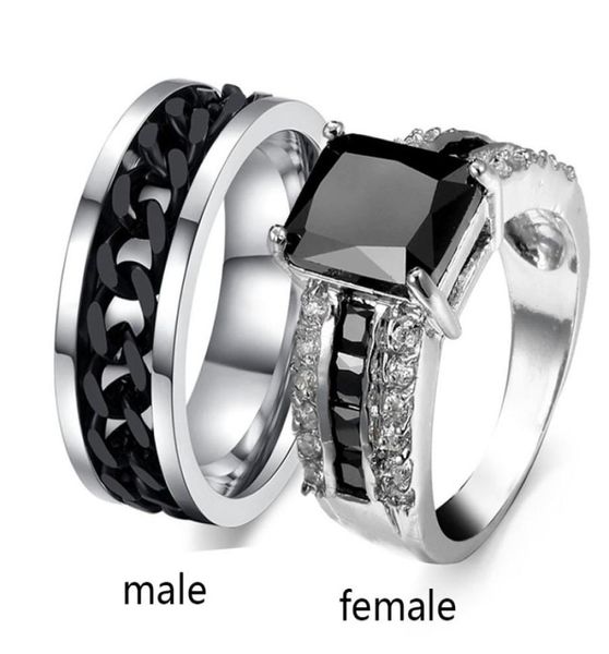 

sz612 two rings couple rings his hers agate 10k white gold filled women039s ring turnable black chain stainless steel mens r2041335, Silver