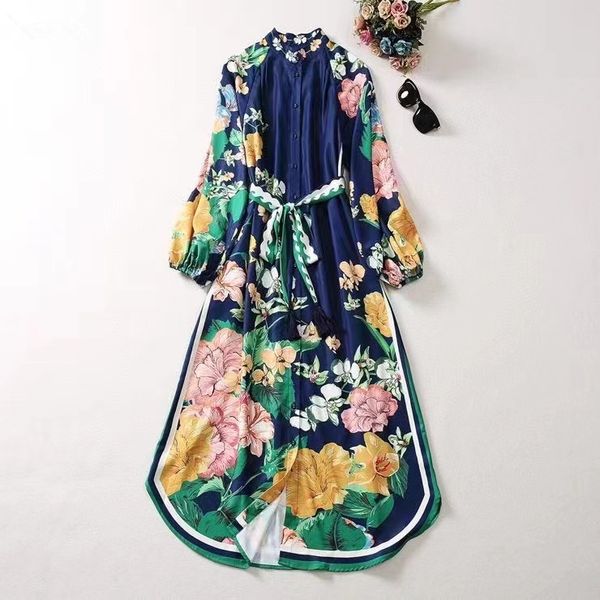 

european and american women's dress 2023 summer new style long sleeve lantern sleeve flower print single breasted belt dress xxl, Black;gray