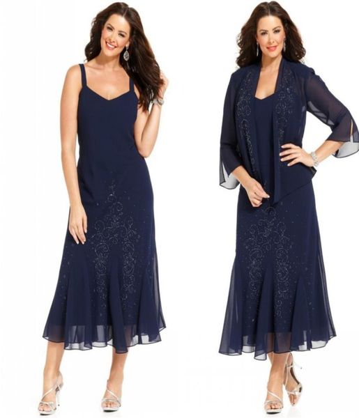 

navy blue chiffon tea length plus size mother of the bride dresses with jacket 34 sleeves vestido mother formal wear2072713, Black;red