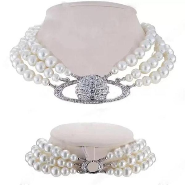 

luxury fashionable pearl necklace advanced retro three layer pearl shiny saturn bead pendant242a3151672, Silver