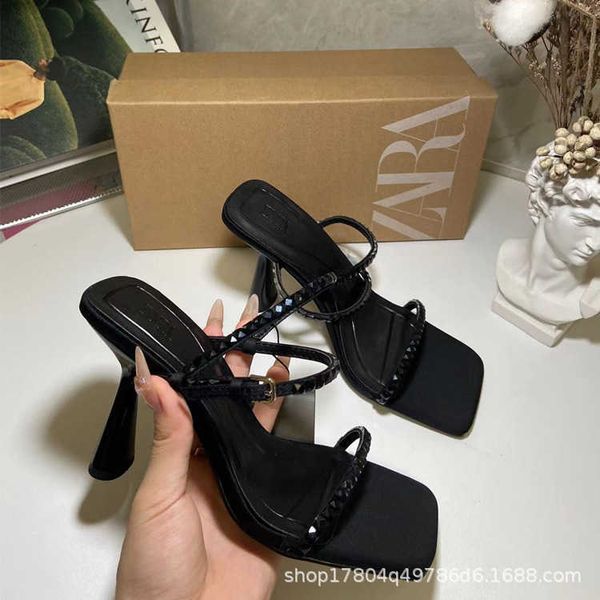 

za dtm black rhinestone embellished with bright high women's slim heels new square toe one line sandals for the summer of 2022