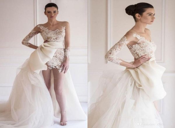 

delicate short lace wedding dresses with detachable skirt appliqued beach wedding gowns long sleeve bridal dresses illusion tulle 4617765, White