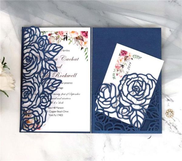 

rose trifold laser cut wedding invitations pearl shimmy pocket wedding invite burgundy wedding invitation cards with belt2511753, Black