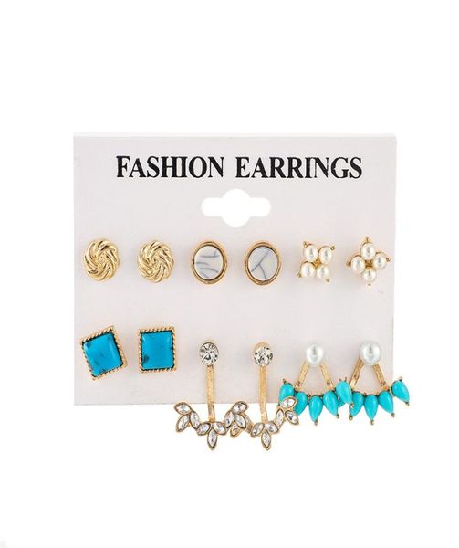 

fashion ear studs round winding flower rhinestone turquoise pearl diamond earings set 6piece set5641307, Golden;silver