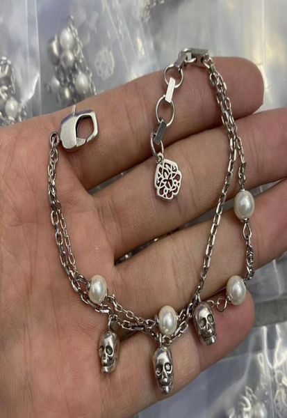 

double layer chain pearl skull pendant bracelets gold silver skull skeleton ladies luxurious eternal love bangle for women meb1k076123053, Golden;silver
