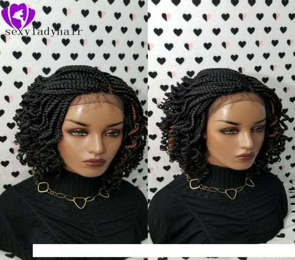 

h 1b black micro braiding with curly tips synthetic lace front wigs black short braided wig heat resistantr hair for b2034710