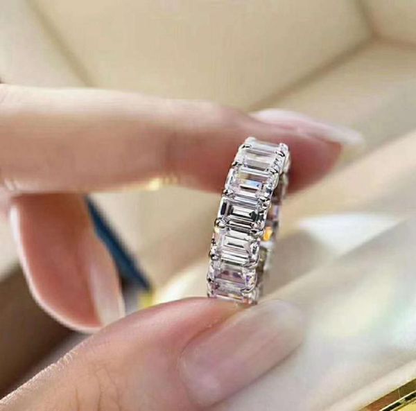 

35mm 925 sterling silver emerald shape zirconia row drill ring women fine wedding jewelry full stone cluster rings2302762, Golden;silver