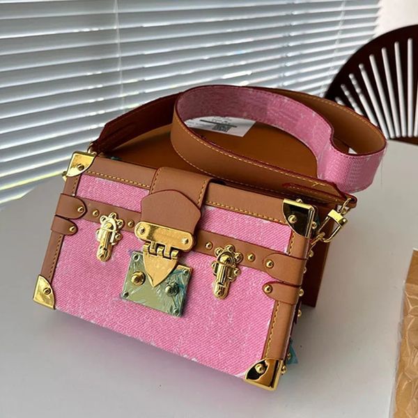 

vintage shoulder bags for women mini square box classic printed trunk handbags gold metal fashion designer bags wide strap crossbody bag clu