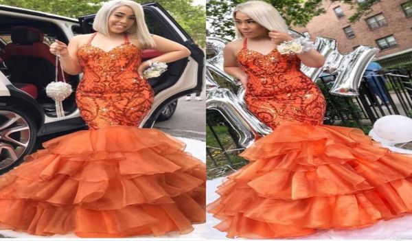 

african halter prom dresses long sequins appliques ruffles mermaid evening gowns tiered ruffles plus size party dress8629928, Black