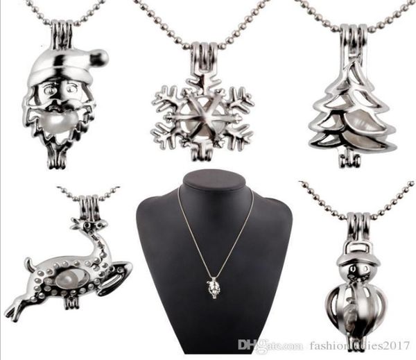 

new pearl cage pendant necklace with oyster pearl christmas tree snowman deer santa hollow locket clavicle chain pearl necklaces j2030681, Silver