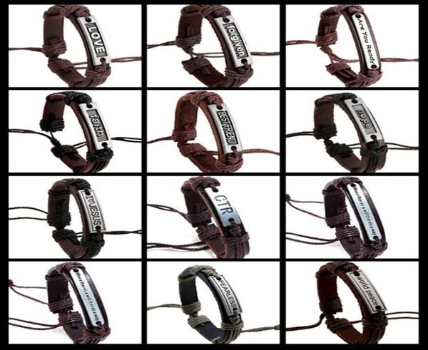 

20 style men woman genuine leather bracelet silence believe forgiven fearless friend faith hope worid peace adjustable bracel7086217, Golden;silver