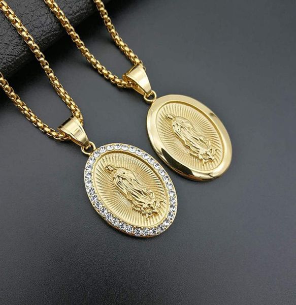 

virgin mary pendant necklace for women girls gold color christian jewelry madonna iced out stainless steel chains3336961, Silver