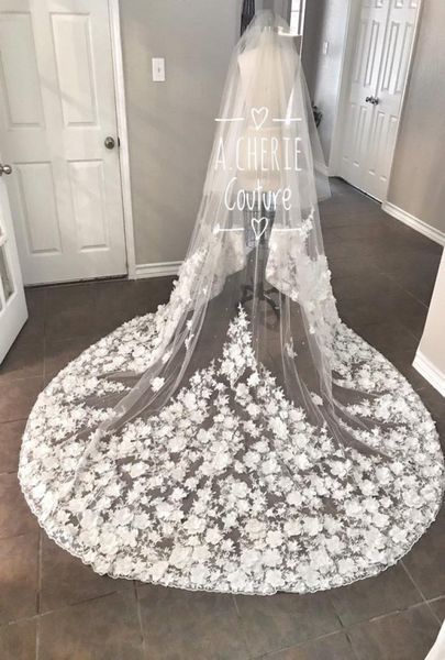 

2019 3d floral appliqued wedding veils tulle one layers luxury veil 3 meters long cathedral bridal veils with comb9649633, Black