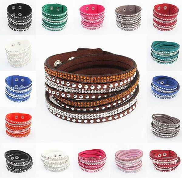 

selling rhinestone crystal multilayer bracelets bangles flannel leather wrap bracelet wristbands for women snap button jewelry6158737, Black