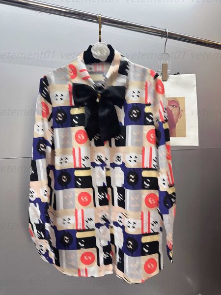 

lady polo shirt designer sweatshirt early spring new digital printing positioning with custom metal logo bow sweet fashion button up shirts, White