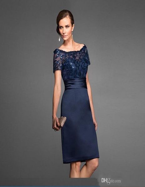 

navy blue mother of the bride dresses bateau lace wedding party gowns short sleeve women evening dress sequin knee length prom gow7656091, Black;red