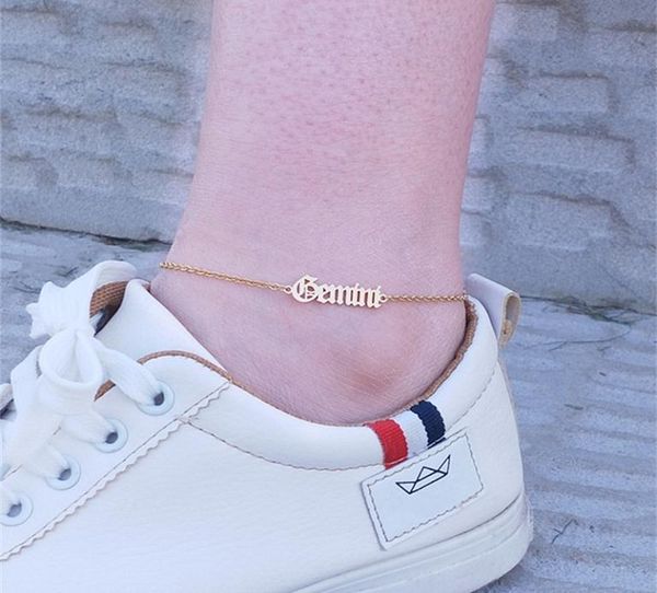 

gold ketting constellation anklets zodiac sign letter ankle bracelet women men vintage jewelry old english letters leg bracelet7720352, Red;blue