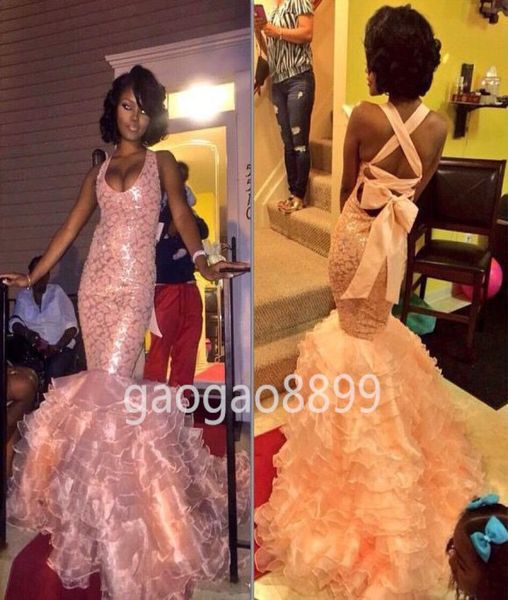 

charming ruffles train mermaid dresses evening party wear blush pink lace organza halter backless trumpet prom dresses9886772, Black;red
