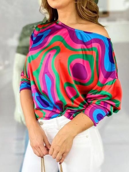 

women's t-shirt casual loose print long sleeve t shirt women spring autumn off shoulder striped t shirts boho plus size femme 5xl 23071, White