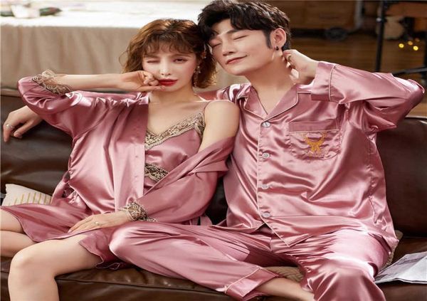 

ice silk pajamas for couples long sleeve faux silk women039s dressing gown casual loose male home clothes 2 piece sets 2118662985, Black;brown