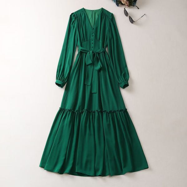 

european and american women's dress 2023 summer new style long sleeve v-neck fashion belt green pleated dress xxl, Black;gray
