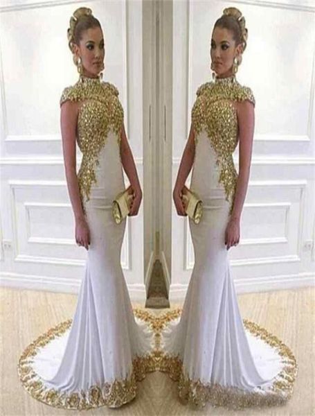 

saudi arabia vestido gold applique beads shiny mermaid evening dresses high neck cap sleeve white dubai long prom gowns4391999, Black