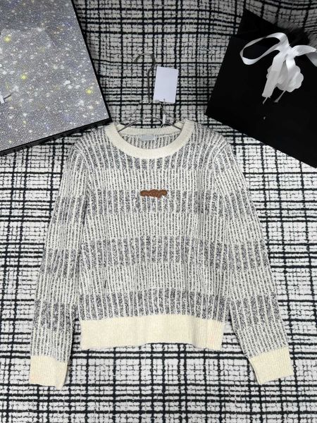 

designer clothes women knit leather logo decoration sweater  fashion contrast horizontal stripes pullover july14, White