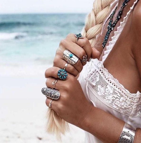 

bohemian knuckle ring sets 9 pcs set antique silver alloy turquoise arrow ring sets for girlsladies2696623