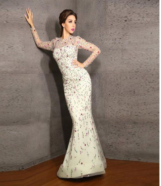 

myriam fares iussion neck and sleeve mermaid evening dresses lebanon singer applique flower organza prom gown long watteau train p7440423, Black;red