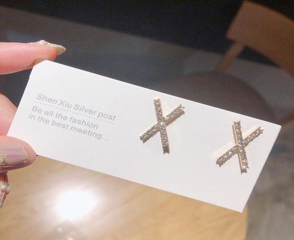 

s1005 fashion jewelry s925 silver post x cross stud earrings geometric rhinstone earrings1660034, Golden;silver