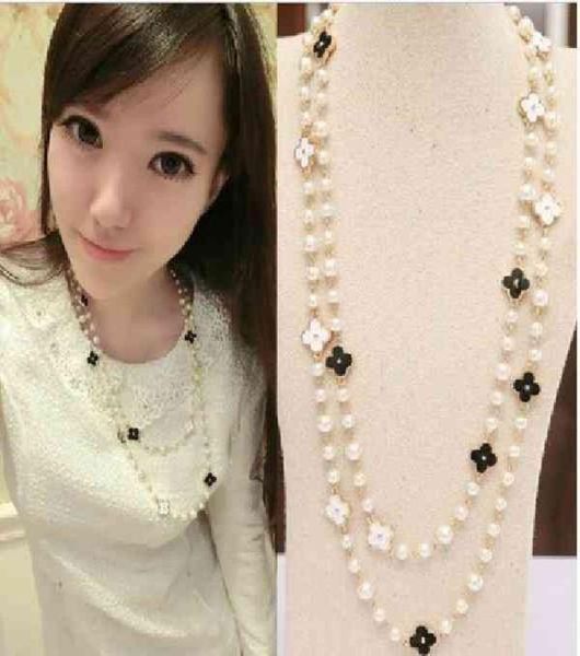 

korean versatile fashion clover pearl crystal accessories exaggerated decoration jewelry long sweater necklace5468697, Silver