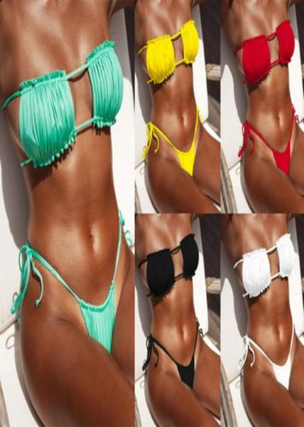 

2019 twopiece bikini solid covered bandage low waist bikini set black push up halter string bathing suit women039s swimsu7193999