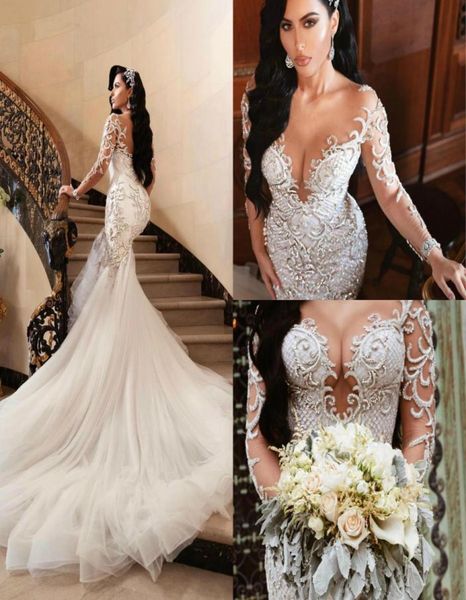 

luxurious 2019 arabic wedding dresses mermaid beading embroidery bridal dresses sheer neck long sleeves wedding gowns vestido7649689, White