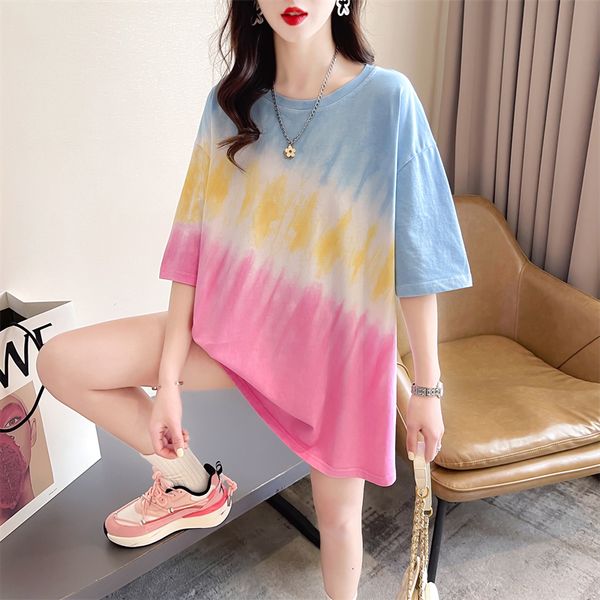

women's tshirt 0696 tie dye printed t shirt women short sleeve loose oneck streetwear hip hop female harajuku for girl 230717, White