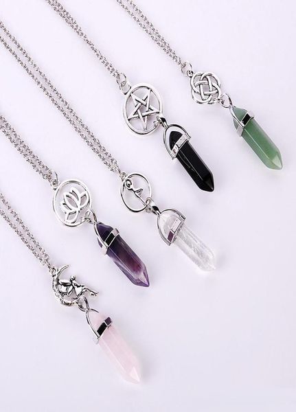 

new hexagonal prism quartz natural stone pendant necklace star lotus angel crystal healing point chakra charm long chain for women2592538, Silver