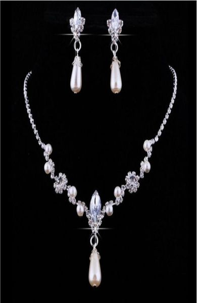 

2018 crystal drop pearls silver plated necklace imitation earrings wedding jewelry sets for bride bridesmaids women bridal accesso6171714, White
