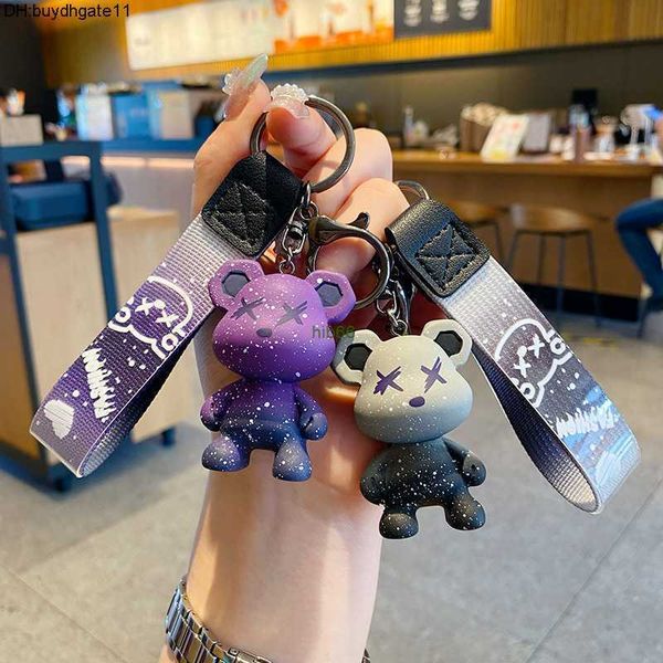 

7wv4 keychains lanyards starry sky gradient color bear keychain men and women couple bag pendant car key ring chain accessories keyring gift, Silver