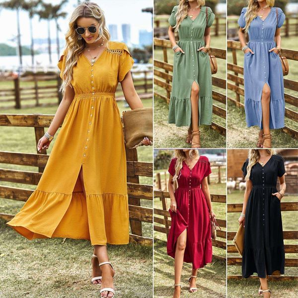 

diyun design dress summer temperament elegant v neck solid color, Black;gray