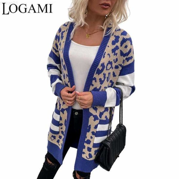 

women's sweaters logami leopard print sweater long color-block cardigan sweaters women vintage knitwear coat l230718, White;black