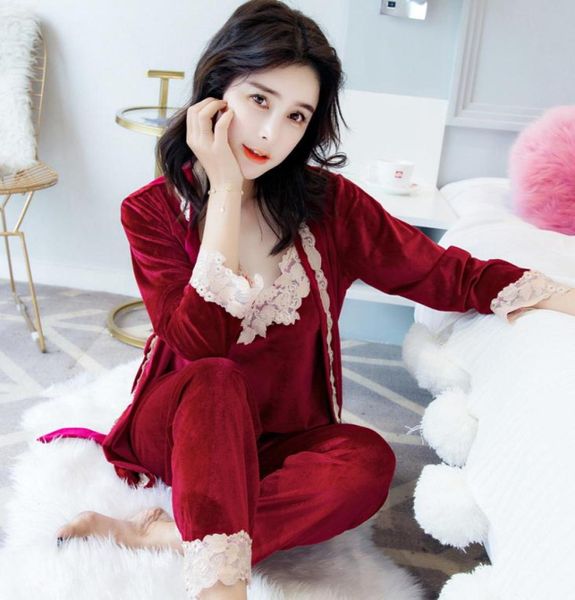 

korean edition pajamas female winter long sleeves suit velvet three piece set v collar kimono el robe home furnishing clot2095688, Red;black