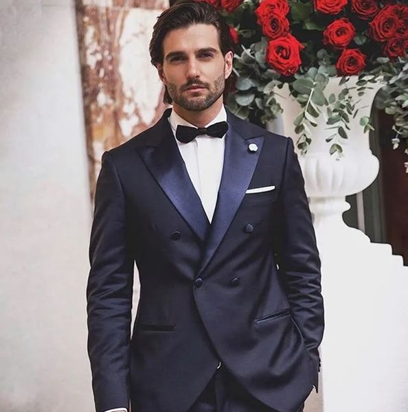 

handsome groom wedding tuxedos peaked lapel slim fit double breasted groomsmen wear formal party prom men suit blazer jacket pants, Black;gray