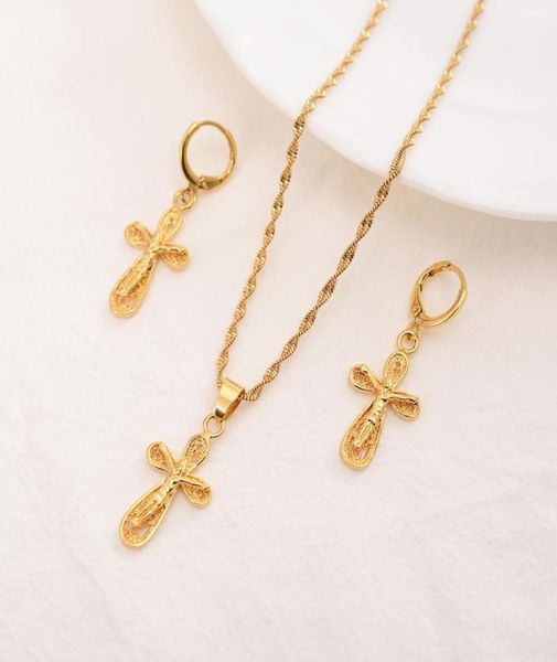 

jesus cross pendant necklaces earrings 18 k fine yellow gold filled egyptian sets women egypt hieroglyphs charm jewelry5009254, Silver