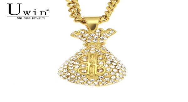 

uwin stainless steel dollar sign purse gold coins money bag pendant with rhinestone charms iced out necklace hip hop 2010144810491, Silver